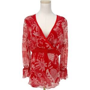 Y2K VTG ICE Silk V-Neck Printed Going Out Top Flirty Fun Clubwear Women's L